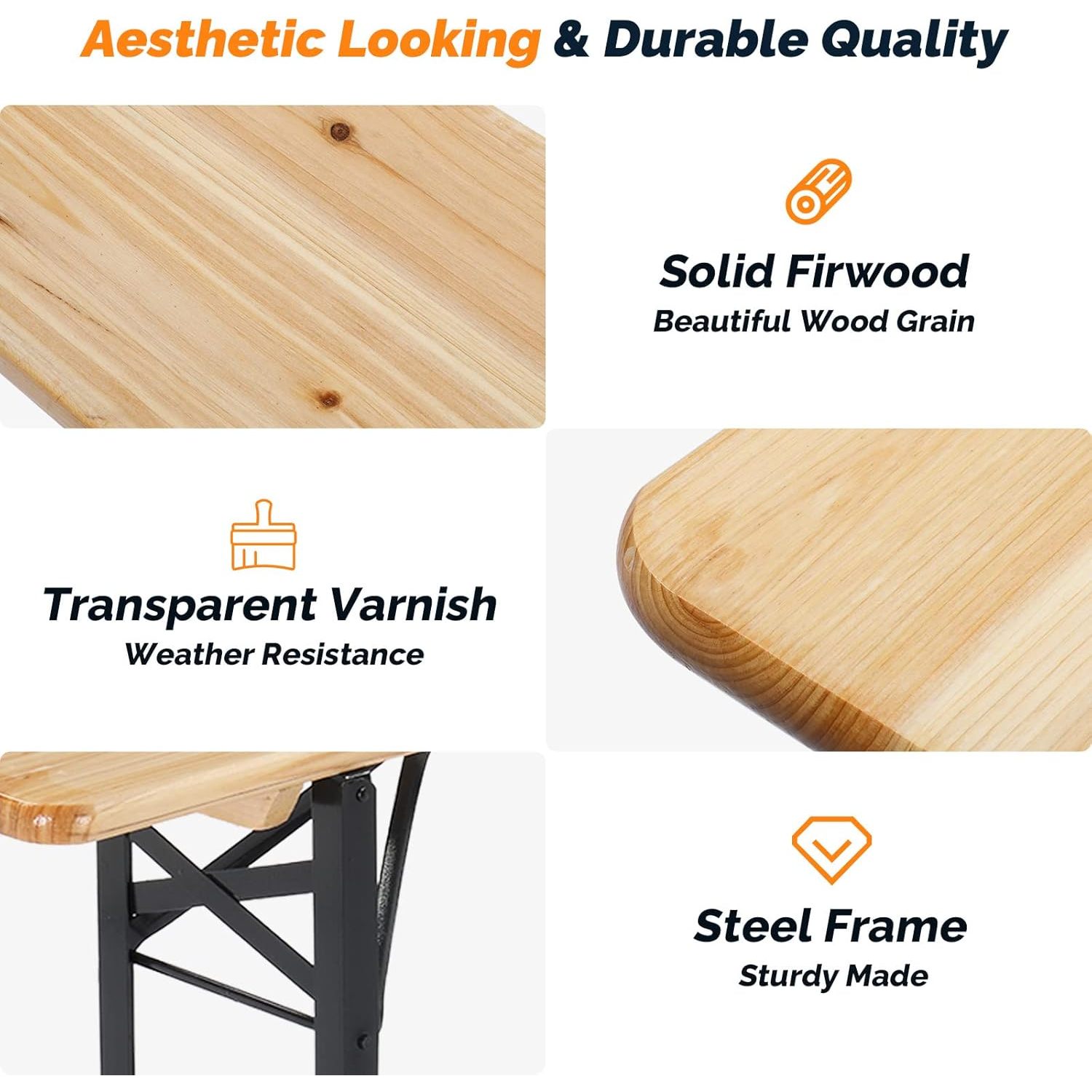 VINGLI Folding Picnic Tables with Benches Set, Weather-Resistant Wooden Beer Garden Table Bench, 3-Piece Portable Fold Up Camping BBQ Table w/Carrying Handles