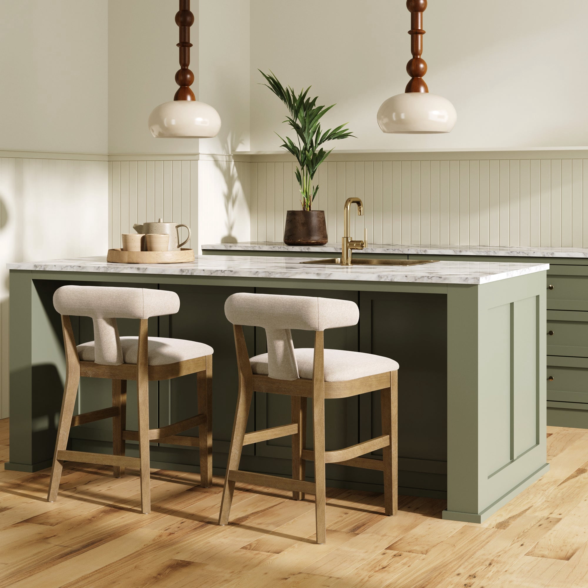 Nathan James Sofia Modern Coastal Bar Stool with Backrest, Counter Height Bar Stool with Flax Upholstery and Solid Wood Legs, Light Brown