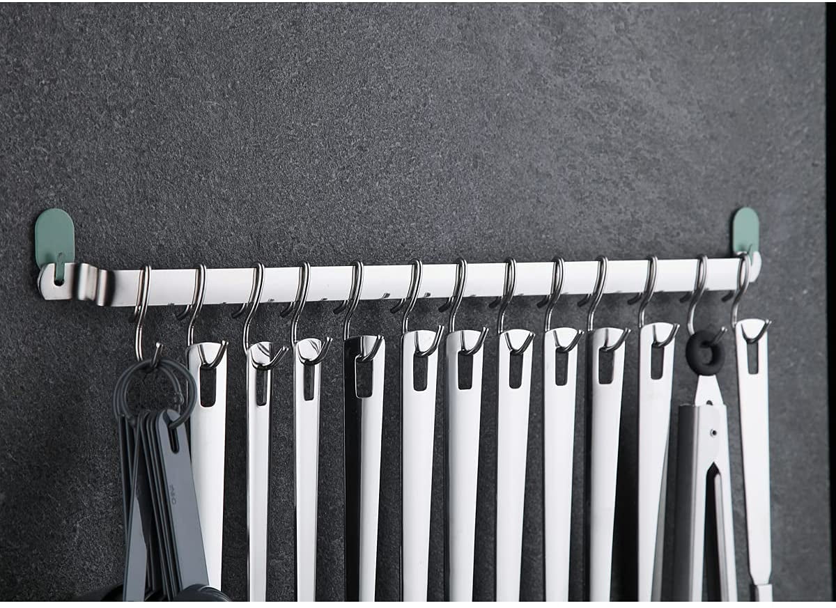 ReaNea Kitchen Utensil Rack, Stainless Steel Wall Mounted Utensil Holder Rail Organizer for Hanging Mug Spatula Pot with 14 Hooks