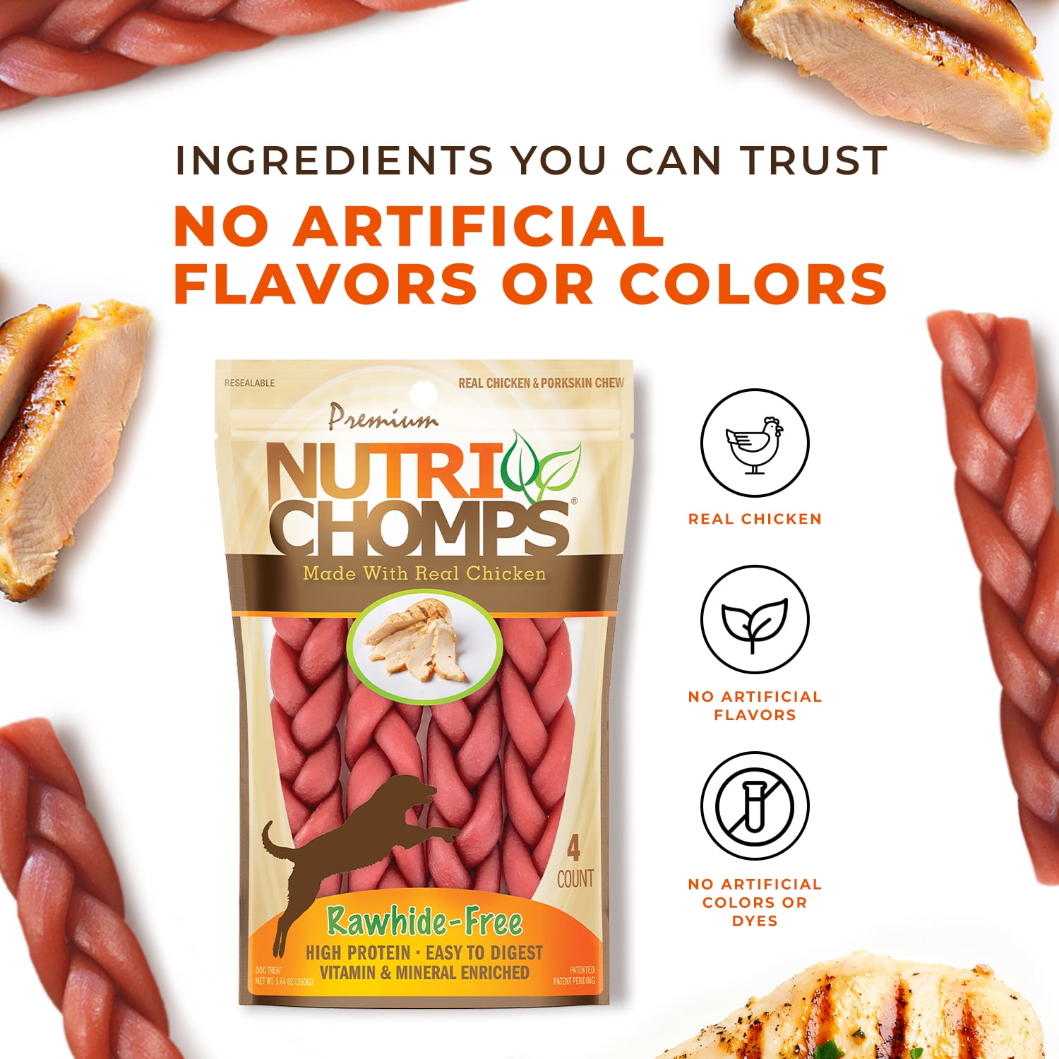Nutri Chomps Premium Rawhide-Free Braided Dog Chews, Real Chicken, 6 Inch, 4 Count