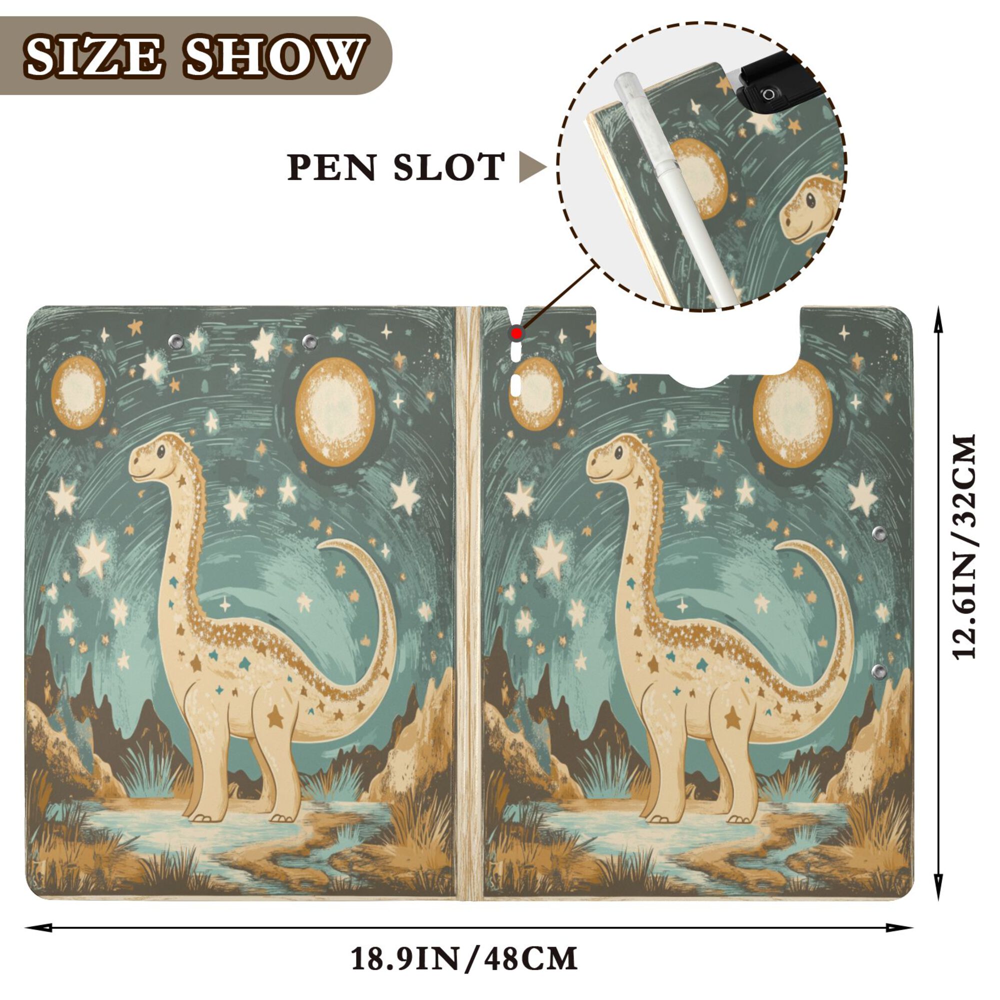 FORMRS A4 Clipboard Folder with Pen Holder Horizontal Foldable School Office Binder, Dinosaur with Stars