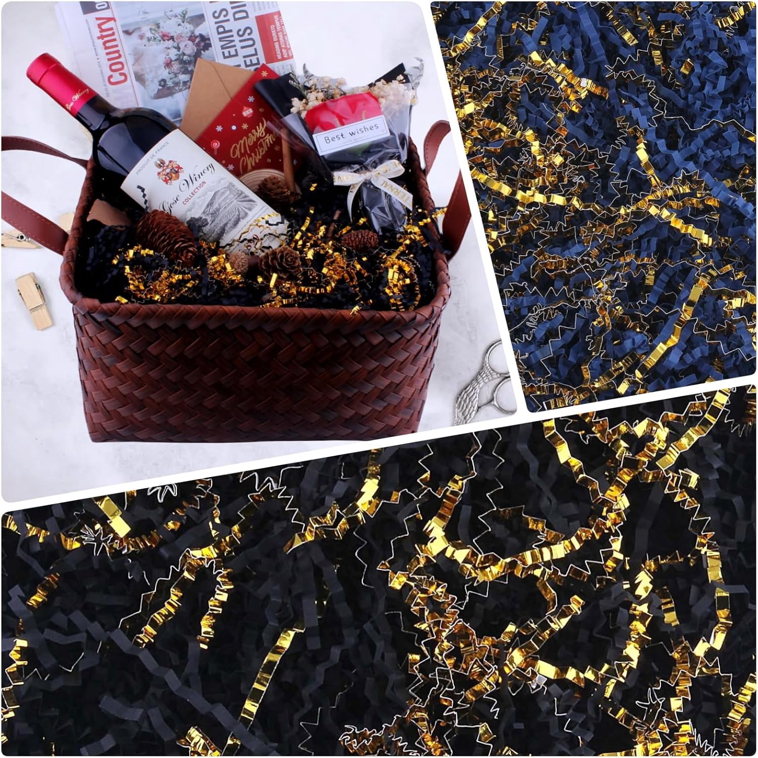 Crinkle Cut Paper Shred Filler for Gift Wrapping, Baskets, Christmas, Halloween, Wedding Decorations, Easter Grass, Crafting Activities (Dark Green and Gold) - 1 LB