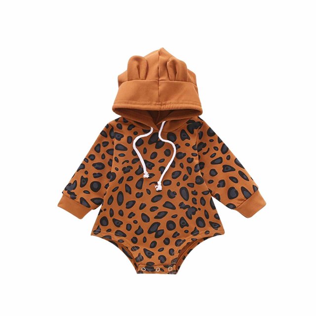 Body De Bebé Canastilla Onesies Para Niños Pequeños Otoño Primavera Niñas Niños Estampado De Leopardo Mameluco Con Capucha Botón De Manga Larga Sudadera Monos Marrón Odeerbi LM103-7056