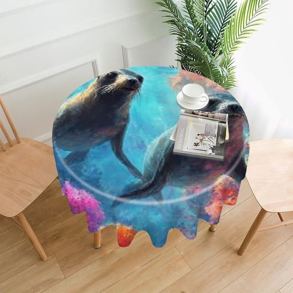 RKSupls 60 Inch Round Tablecloth, Seal Ocean Colorful Premium Polyester Straight Edge Wrinkle Resistant Washable Table Cover for Party Home Dining Decor