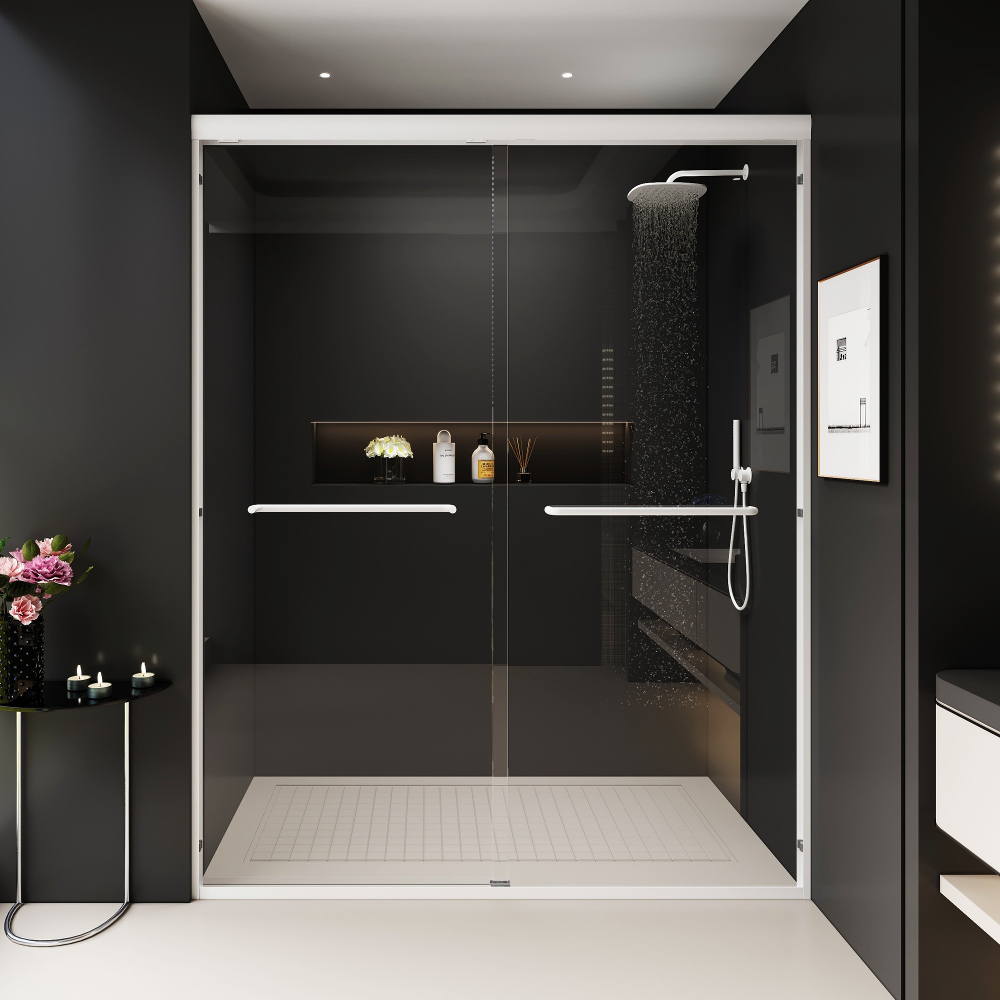 Aukfa Shower Doors, 56 - 60" W x 72" H Sliding Glass Shower Door, White Aluminum Frame, 1/4'' (6mm) High-Strength Tempered Glass for Walk-in Showers