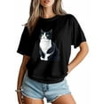thumbnail image 4 of Women's T-Shirt Animal Black Cat Focus Cute Pet Short Sleeve Casual Tee Classic Crew Neck T Shirt for Women Black, S, 4 of 7