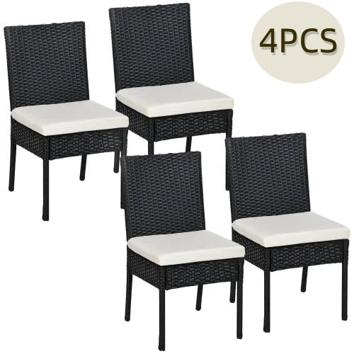 4 PE Rattan Outdoor Dining Chairs with Cushions, Patio Wicker Dining Chairs with Backrests for Porch, Deck, Garden, Cream White