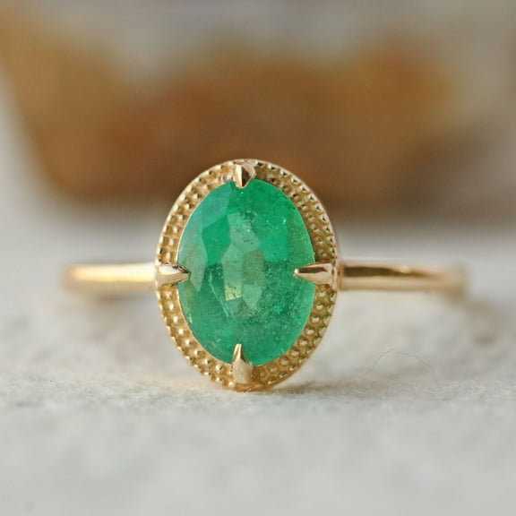 925 Starling Silver Ring, May Birthstong Ring, Solitaire Oval Emerald Band Ring, Milgrain Ring, Handmade Jewelry, Minimalist Jewelry, Gift For Her