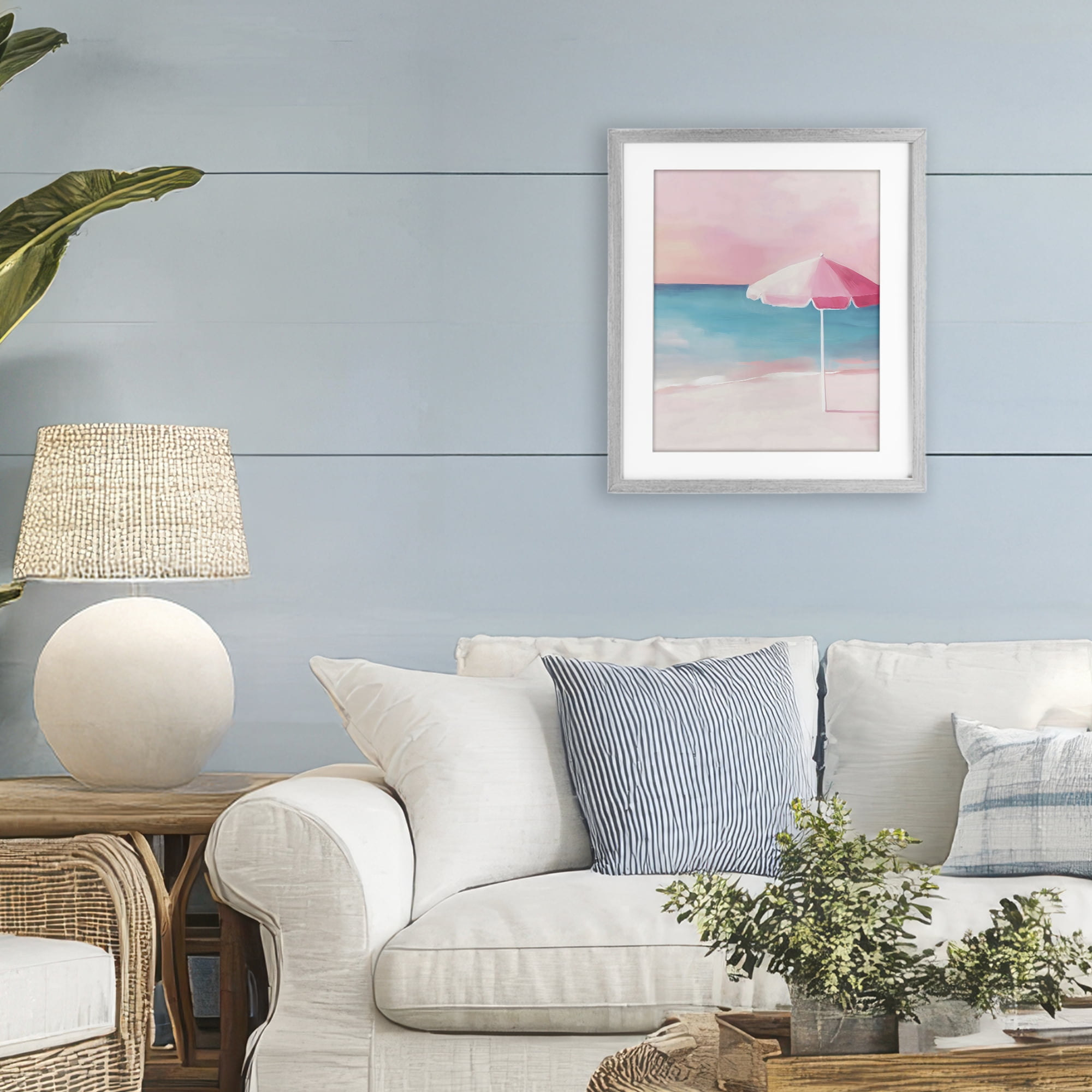 Stupell Industries Serene Pink Beach Umbrella Gray Framed Print Under Glass, design by The Prints Vibe