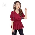 thumbnail image 1 of Camisa De Mujer Con Cuello En V Verano Color Sólido Manga Larga Con Botones, Rojo Vino, S Inevent AP001444-09, 1 of 7