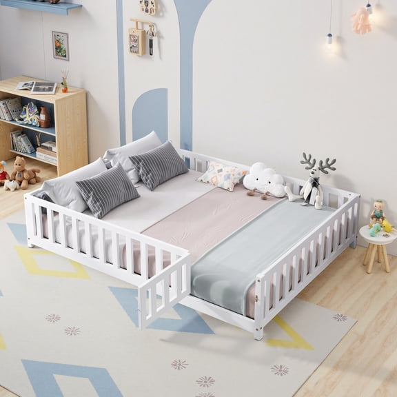 Leumius Full Size Floor Platform Bed Frame with Fence and Door for Kids, Montessori Floor Bed Frame with Support Slats for Toddlers White