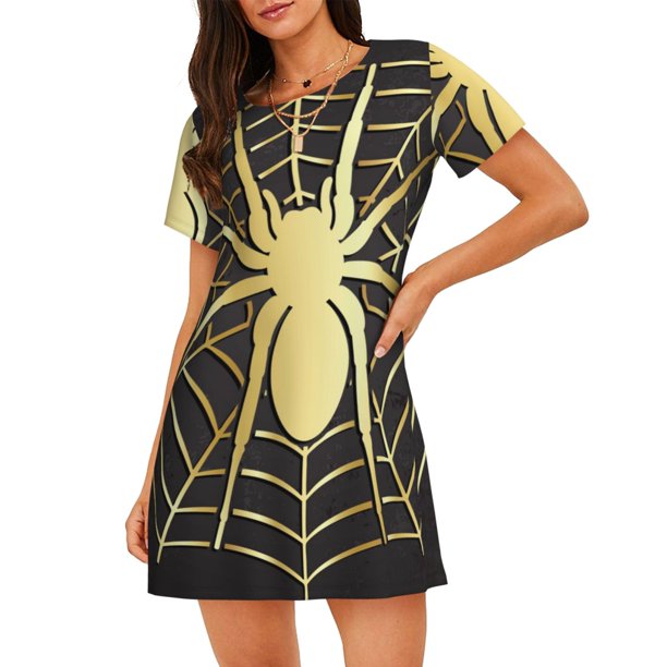 Balery Gold Spider On The Web Camisón de manga corta con cuello redondo para mujer, cómodo y elegante.