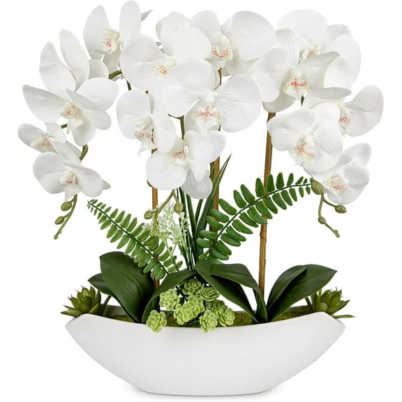 Orchid Artificial Flowers 18in White Fake Orchid Silk Flowers with Ceramic Pot Faux Orchid Arrangement for Home Office Room Coffee Table Centerpiece Modern Decoration