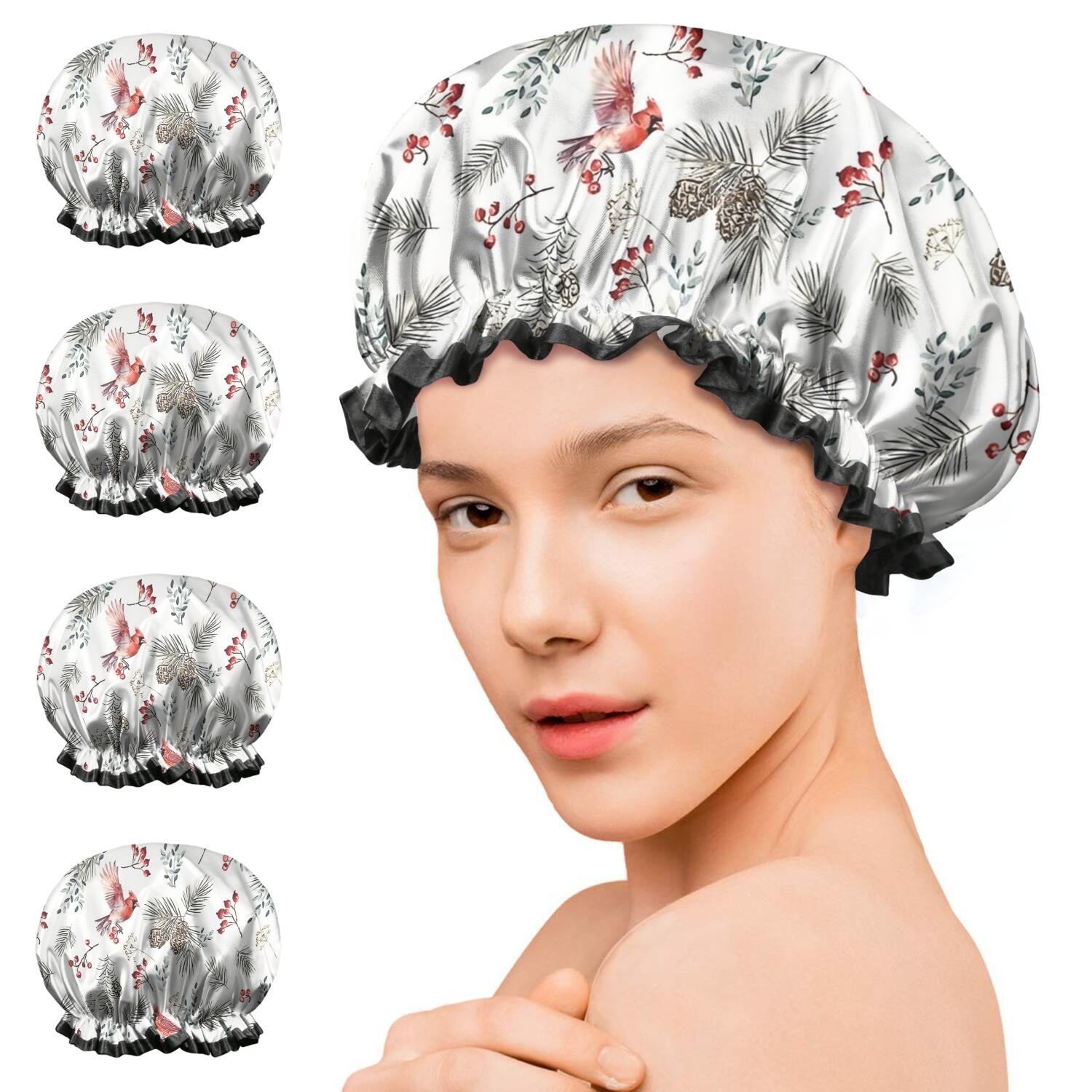 Shower Caps,White Christmas Bird and Pine Pattern Waterproof Shower Cap for Women 4 Pieces,Double Reusable Hair Cover for Shower PEVA Elastic Stretch Hem