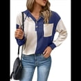 thumbnail image 3 of Sudadera con Capucha para Mujer, Cuello Abotonado, Cordón Ajustable, Sudadera Informal de Larga, Camisetas. Azul Marino S, 3 of 7