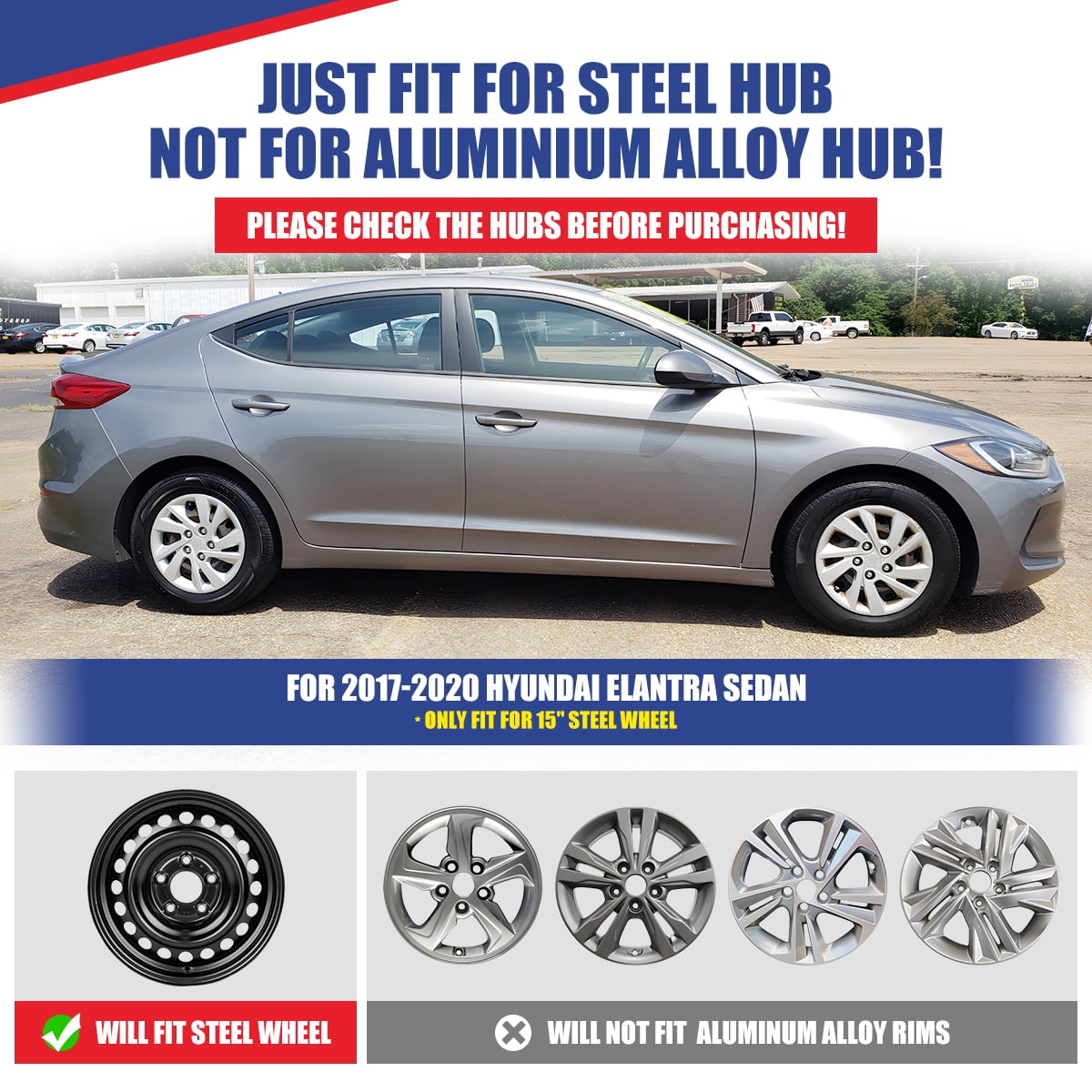 1 Piece 15" Hubcap Wheel Rims Cover Fit for 2017-2020 Hyundai Elantra Sedan Compatible with Steel Wheels Bolt on Installation(15-inch,Lacquer)