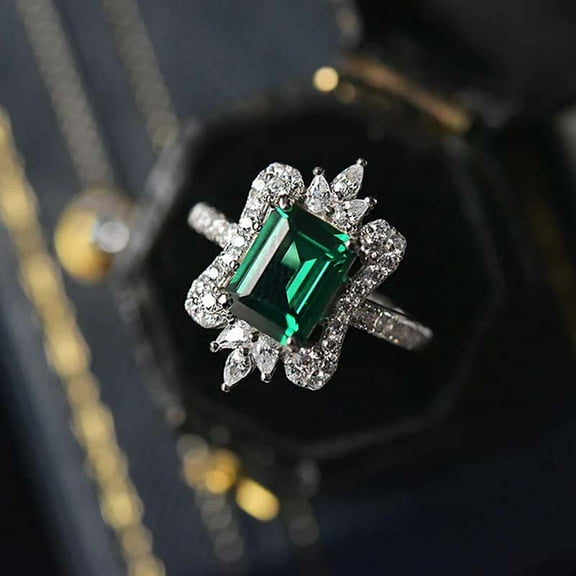 925 Sterling Silver Emerald Square Princess Ring Fashion; Emerald Crown Engagement Ring Wedding Bride Ring Wedding Ring Anniversary Ring Ring