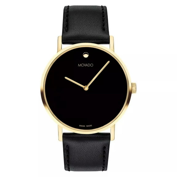 Movado Men's Signature Yellow Gold Black Dial Leather Band Swiss Watch