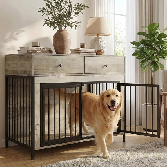Waleaf 44 inch Dog Crate Furniture with 2 Storage Drawers,Wooden Dog Kennel for Inside,Tables with Dog Crate for Large Medium Dogs