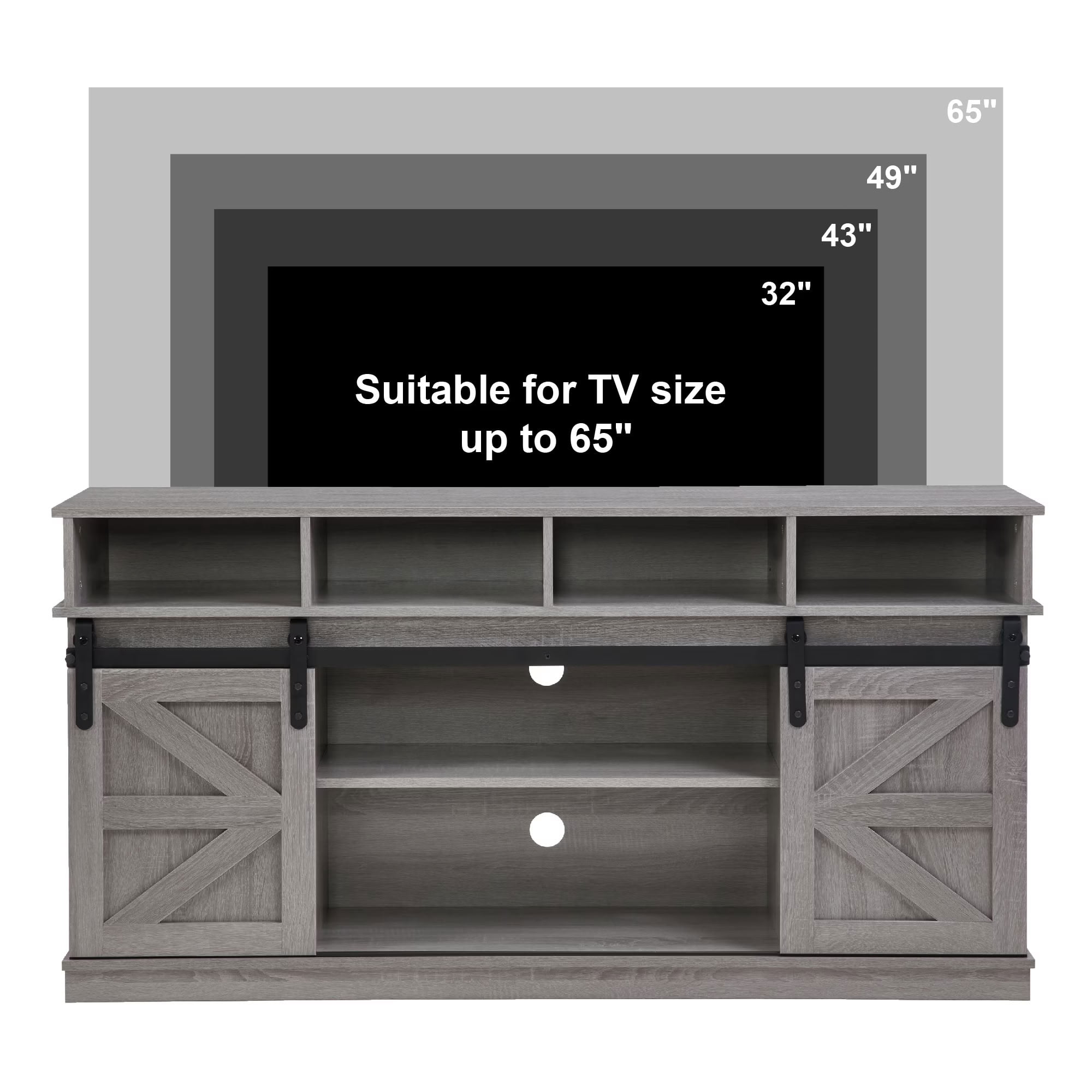MAYEERTY Modern TV Stand with Sliding Barn Door, Farmhouse Wood Storage Cabinet with Adjustable Shelves for TVs Up to 65", Grey