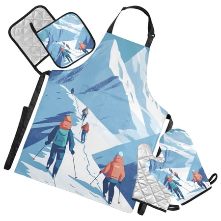 People Climbing Snow Mountain Apron Set with Oven Mitts Pot Holders Set of 5 Kitchen Stuff Accessories