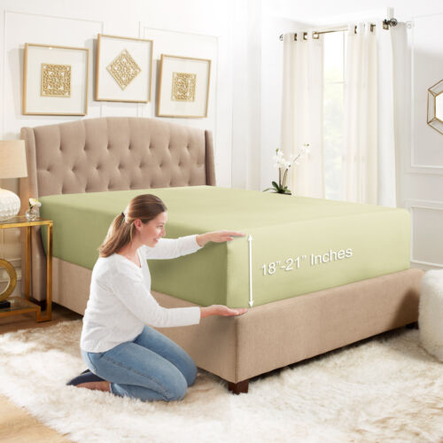 18" 21" Extra Deep Pocket Fitted Sheet Elastic Corner Straps Fitted Sheets Size King/Sage