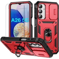 for Samsung A26 Case,With Slide Camera Cover,2X Screen Protector,Metal Kickstand Holder Heavy Duty Shockproof Phone Cover For Galaxy A26 6.7"(Red)