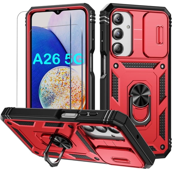 for Samsung A26 Case,With Slide Camera Cover,2X Screen Protector,Metal Kickstand Holder Heavy Duty Shockproof Phone Cover For Galaxy A26 6.7"(Red)