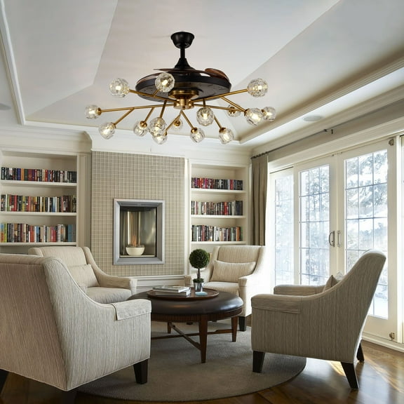 FINE MAKER Modern ceiling fan pendant light, remote-controlled 15 head black   satellite crystal pendant light, 6-speed reversible ceiling fan, G9   light bulb (excluding light source)