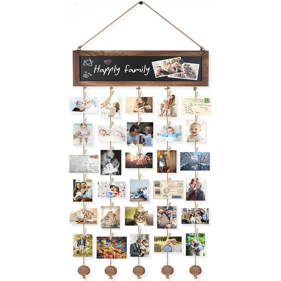 Picture Frames Collage Wooden Hanging Display with Blackboard and 30 Clips, Wall Decor for Dorm, Office, Party, Rustic Style, Carbonized Black