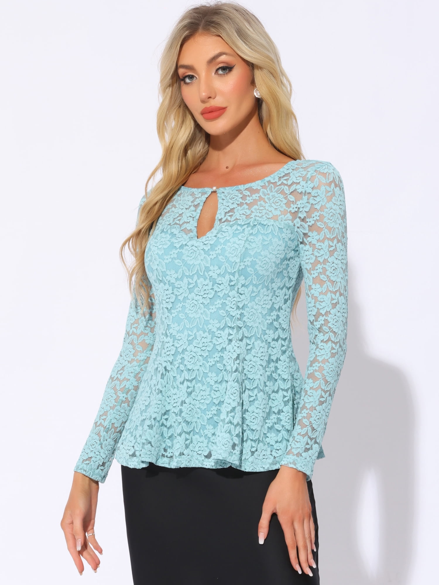 DARING DIVA Lace Peplum Round Neck Elegant Blouse L Gray Blue