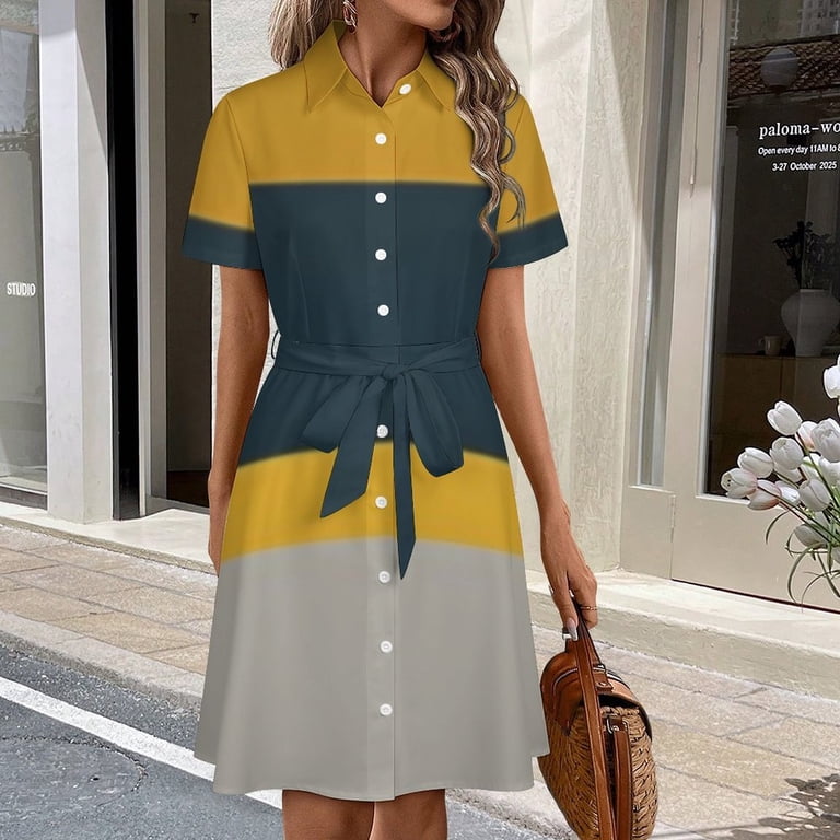 Abstract Gold Navy Grey Stripes Womens Shirt Dresses Women'S Short Sleeve  Dress Turn-Down Collar Dress A Line Casuall Dress Oversize(XS-6XL) -  Walmart.com