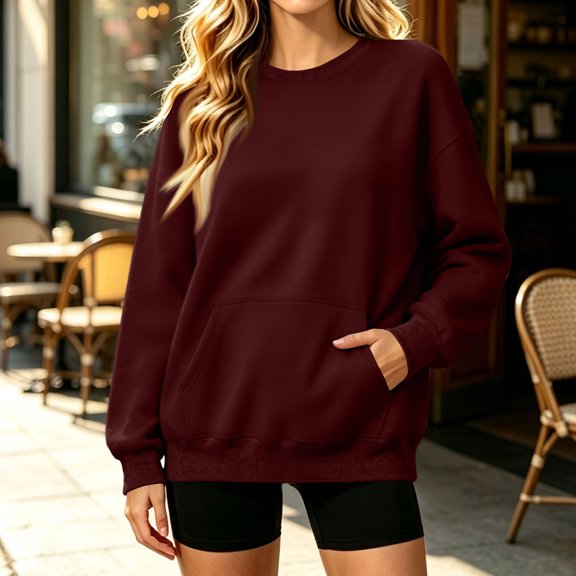 Stralyhd Sweatshirt for Women Oversized Long Sleeve Crewneck Sweater Winter Casual Fashion Pullover Top Comfort Loose Fit Outfits Clothes Basic Lounge Wear Wine XXL