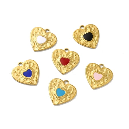 50pcs Ion Plating(IP) 304 Stainless Steel with Enamel golden Heart Charm Mixed color 17.5x17x1.5mm Hole: 2mm