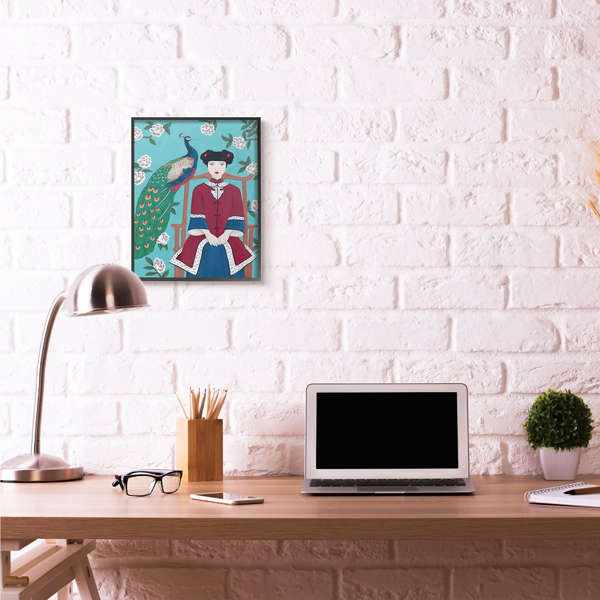 Stupell Industries Chinese Woman And Peacock Flower Pattern Blue Red Painting Framed Wall Art by Sally B, 16" x 20", Black Framed