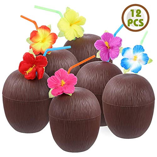 FUTUREPLUSX Tropical Coconut Drink Cups, 12PCS Plastic Hawaii Party