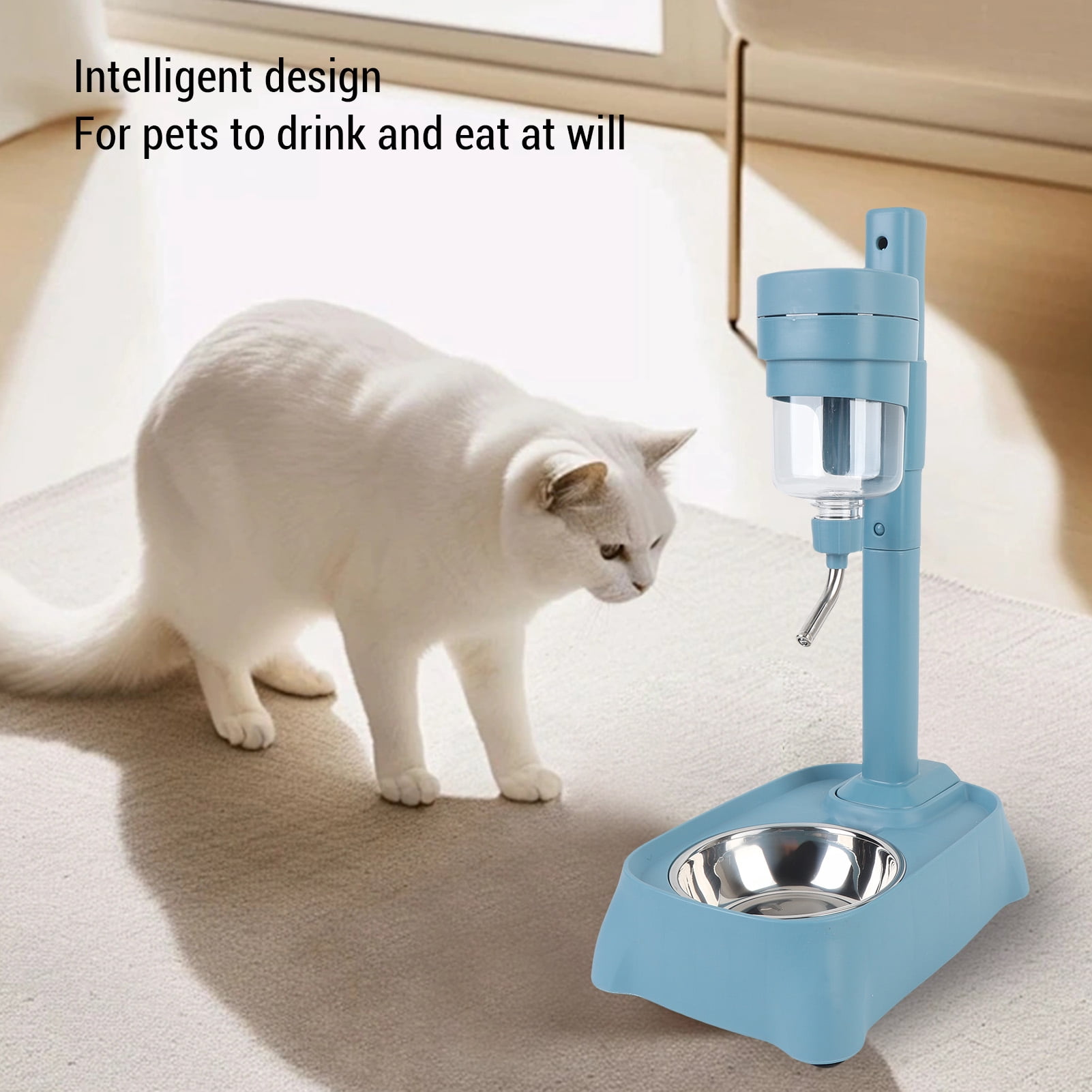 Riousery 500ml / 16.9 oz Pet Standing Water Dispenser with Stainless Steel Bowl, Height Adjustable Automatic Feeder for Cats and Dogs, Lake Blue