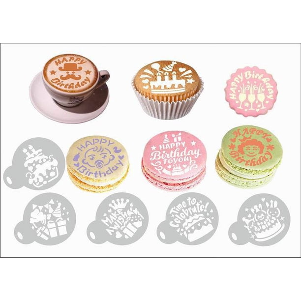 Plantilla de tamiz de polvo para pastel, muffin, taza de pastel, patrón de cumpleaños, serie de plantillas de impresión de pastel