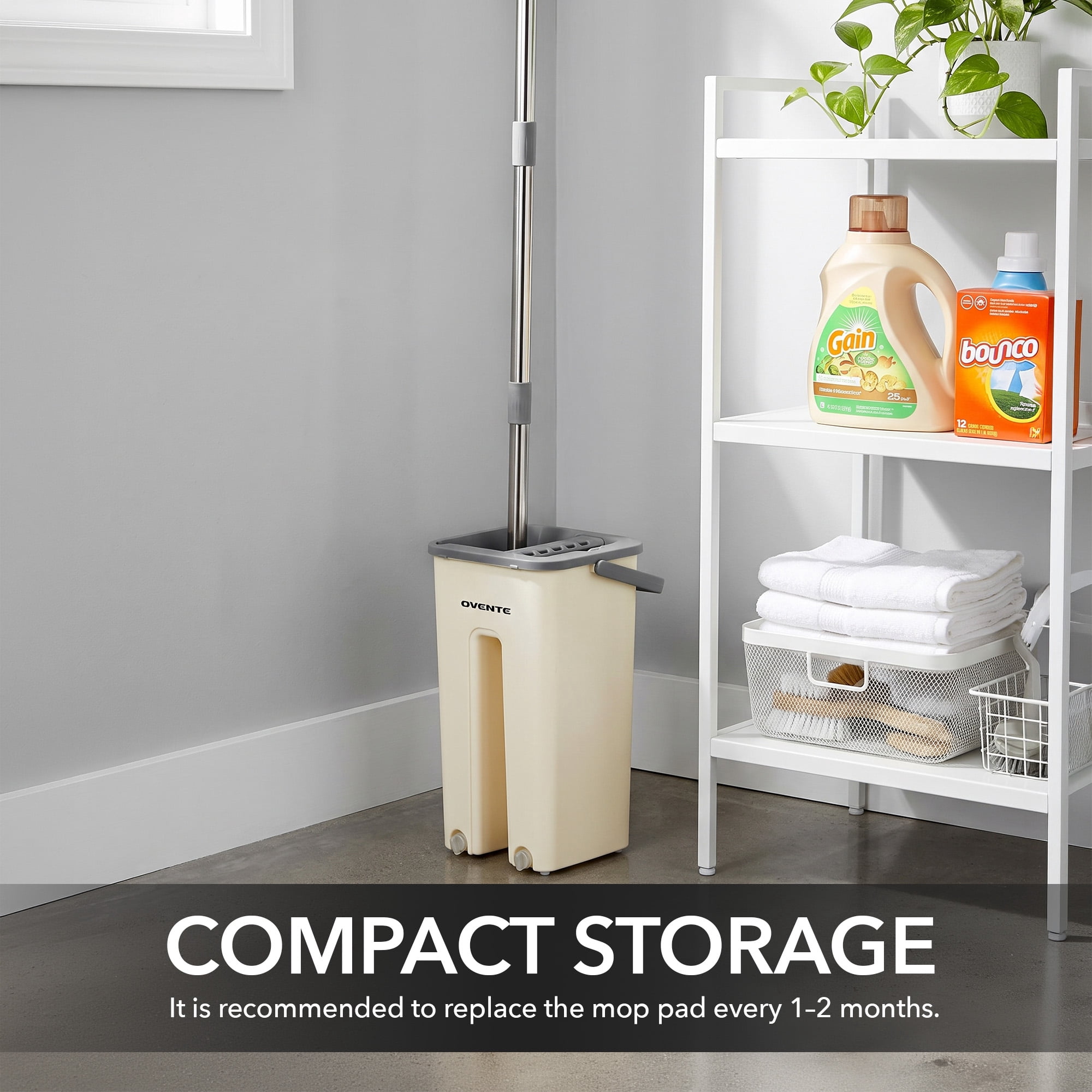 OVENTE Mop and Bucket Wringer Set, Washable Microfiber Pad, Beige MBP32BGG | 360° Rotating Head, Hands-Free Self-Cleaning Flat Floor Mop, Home Cleaner for Smooth Wall, Hardwood, Tile, Glass & More