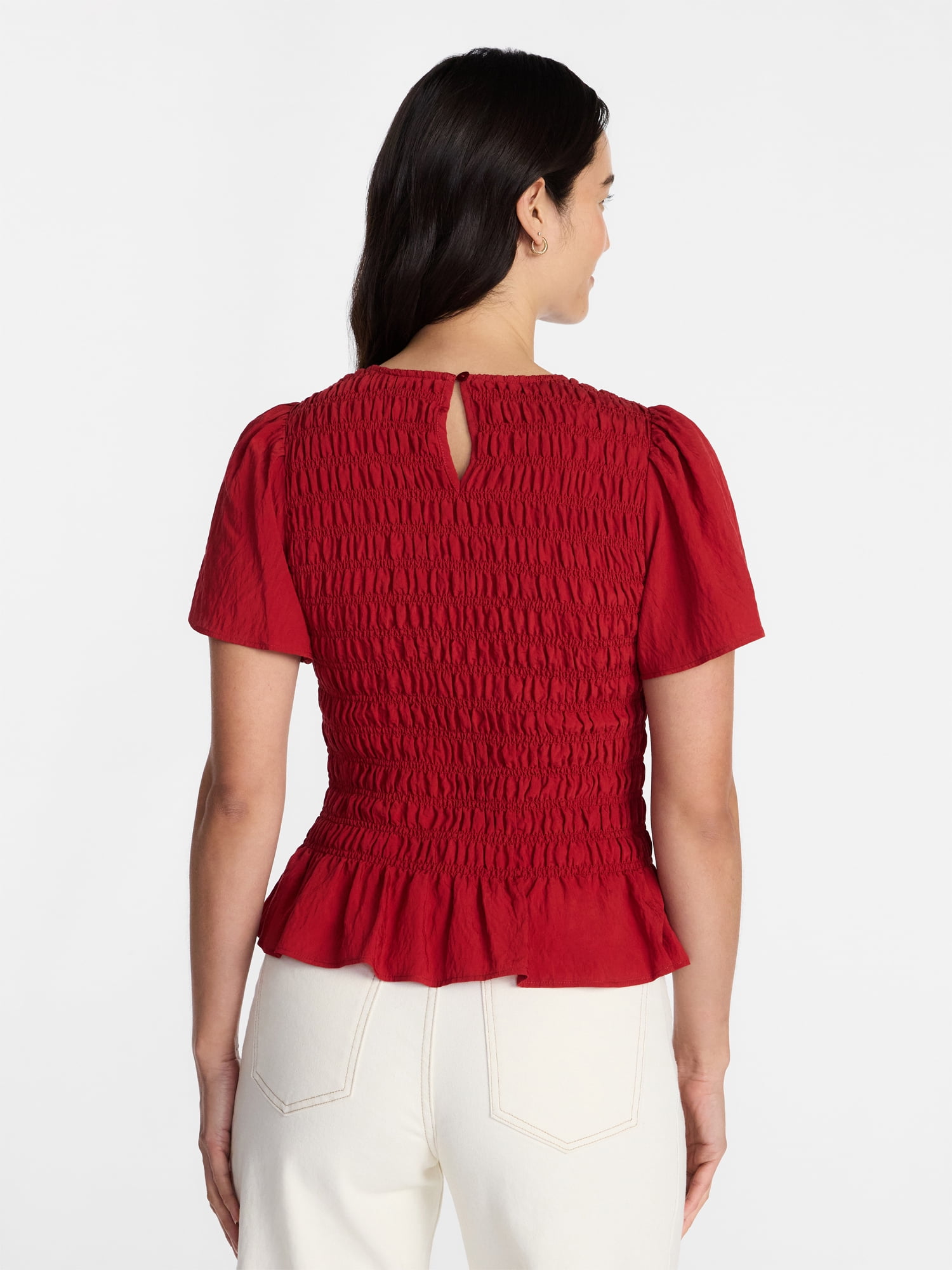 Time and Tru Women's Smocked Top with Short Puff Sleeves, Sizes XS-XXXL