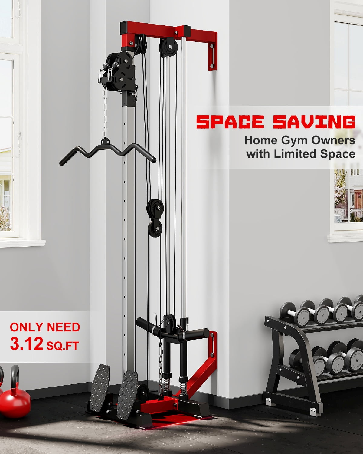 Mitonos Cable Crossover Machine, Wall Mount LAT Pull Down Machine with 18 Positions Dual Pulley System with Removable Footplate for Garage Home Gym