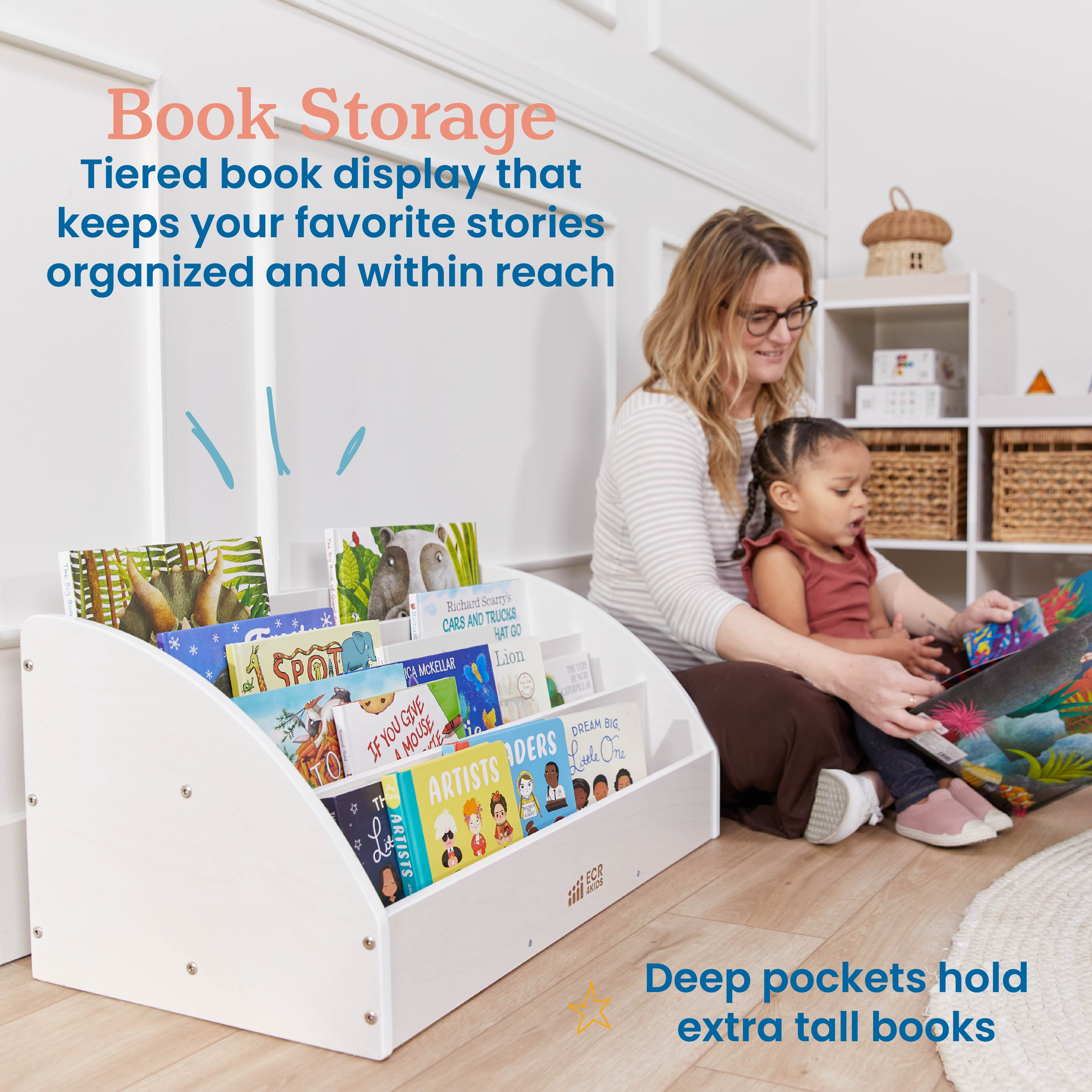 ECR4Kids Wooden Forward-Facing Toddler Book Display, Beginner Bookshelf, White Wash