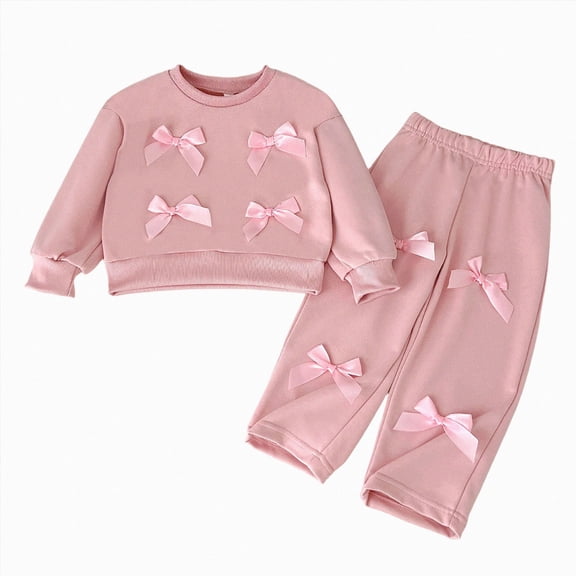 Toddler Girl Clothes Long Sleeve Bowknot Outfits Wide Leg Pants Two Piece Fall Clothing Set For Girls 2-3Years Pink