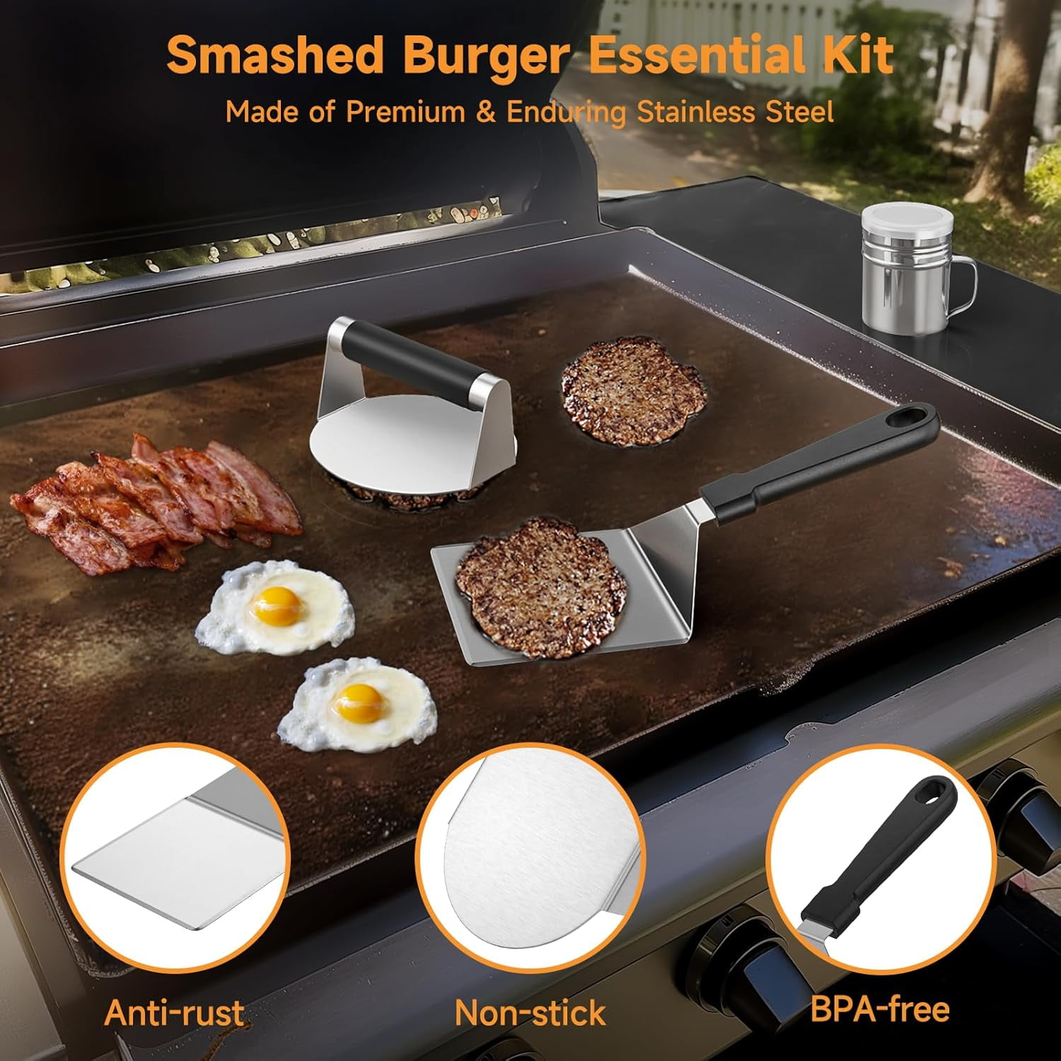 3 Pcs Smash Burger Press Kit Stainless Steel 6 Inch Spatula Seasoning Shaker Replacement Compatible With Blackstone Griddle Flat Top