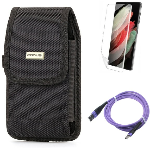 Matte Screen Protector w 10ft USB Cable w Case Belt Clip for Samsung Galaxy S21 Plus - TPU Film Anti-Glare, Purple Type-C, Rugged Holster Accessory Bundle