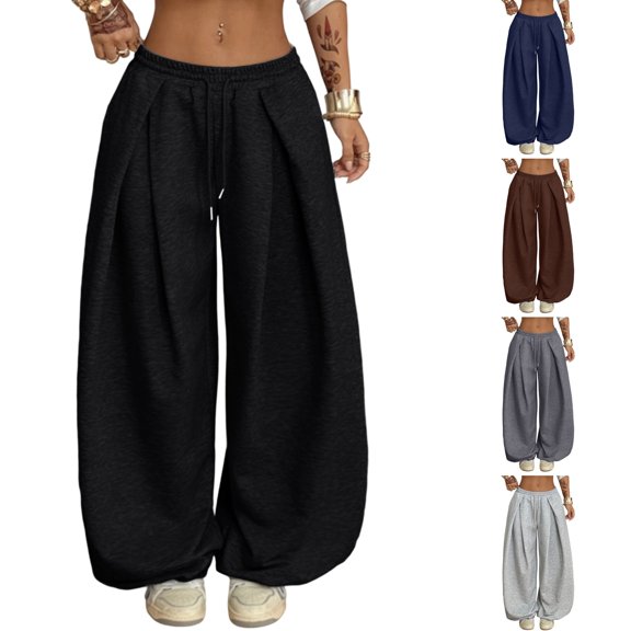 WULMLEO Women's Barrel Pants Baggy Wide Leg Sweatpants Y2k Pants Streetwear Black M