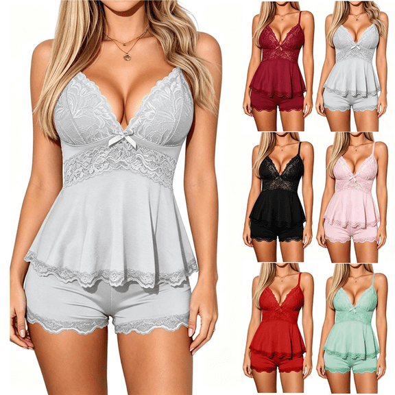 Qingpeng Womens Lace Trim Pajama Set Deep V Neck Cami Top with Bow Detail and Peplum Hem Shorts Casual Sleepwear for Summer