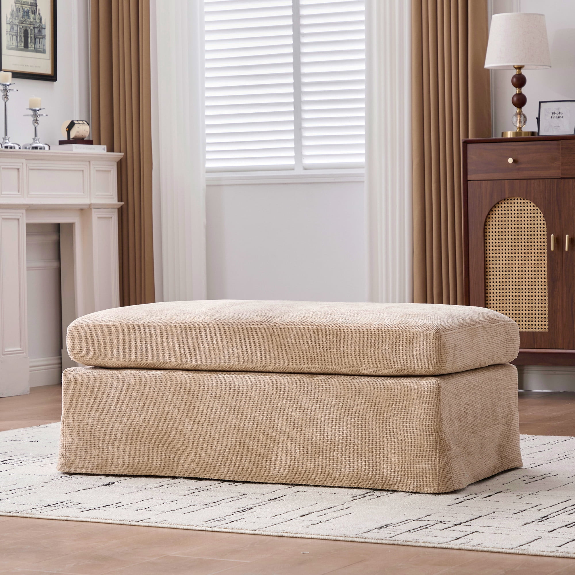 43.7" Wide Wheat Chenille Ottoman Square Foot Stool with Black Metal Legs, Removable Cushion Cover & Tray, 500LB Capacity for Living Room Bedroom Entryway Office