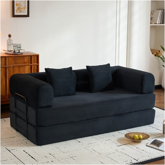 JERFIT Convertible Sleeper Sofa Bed, 4-in-1 Foldable Couch with Pillow, Corduroy Futon for Small Space, No Assembly Required, Black