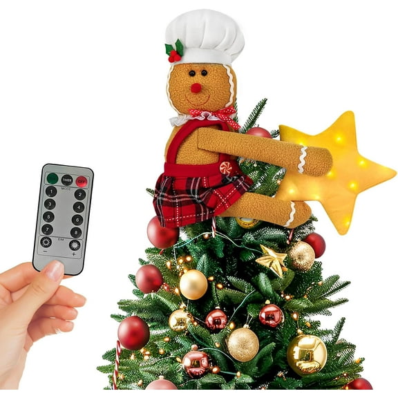 Gingerbread For Man Christmas Tree Topper Decoration, Gingerbread Hugger Ornament With Chef Hat, Plush Stuffed Tree Toppers Christmas Decorations, Christmas Star Tree Topper With Lights